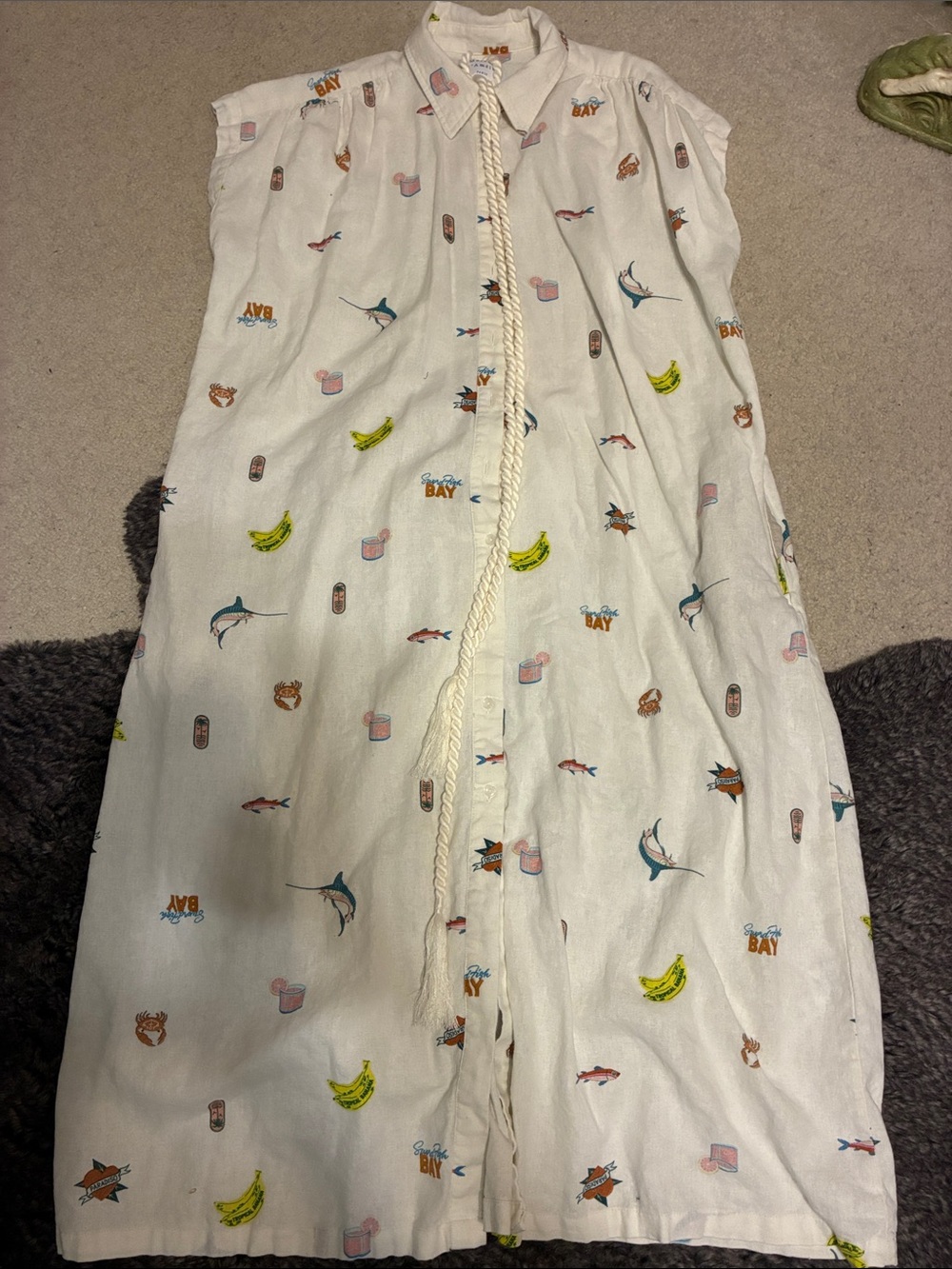 White Printed Women's linen midi dress Tropical Motif